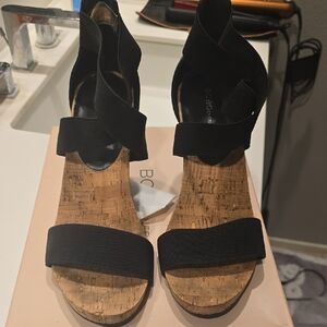 BCBGeneration Black Elastic Cork Wedge Sandals